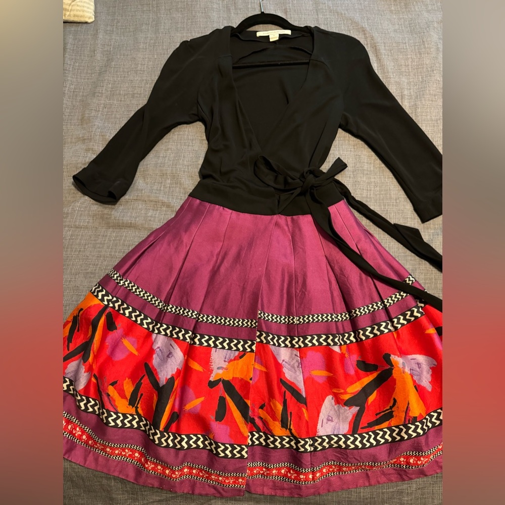 Diane Von Furstenberg Black Wrap Top with Purple and Red Floral Skirt